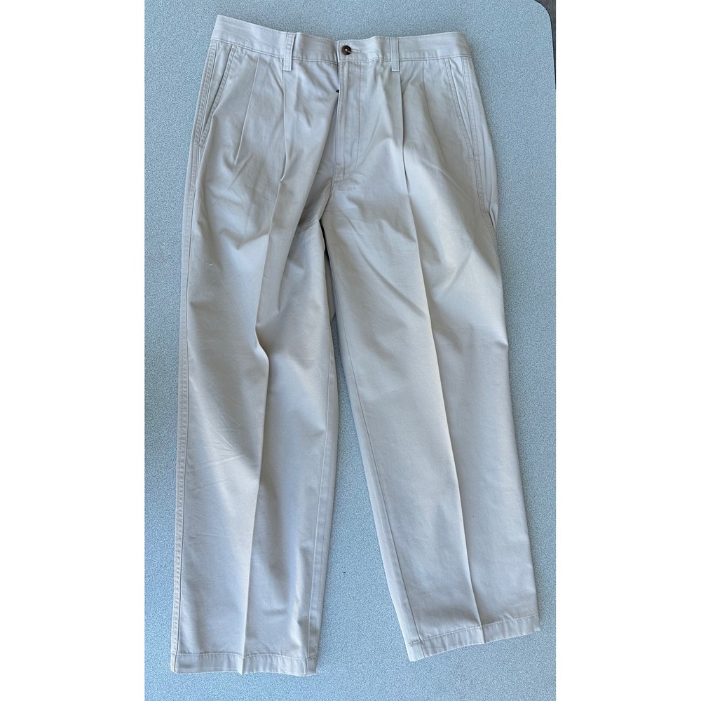 Roundtree & Yorke Mens 34x29 Pleated Chino Pants Tan Khaki Elastic Back Cotton